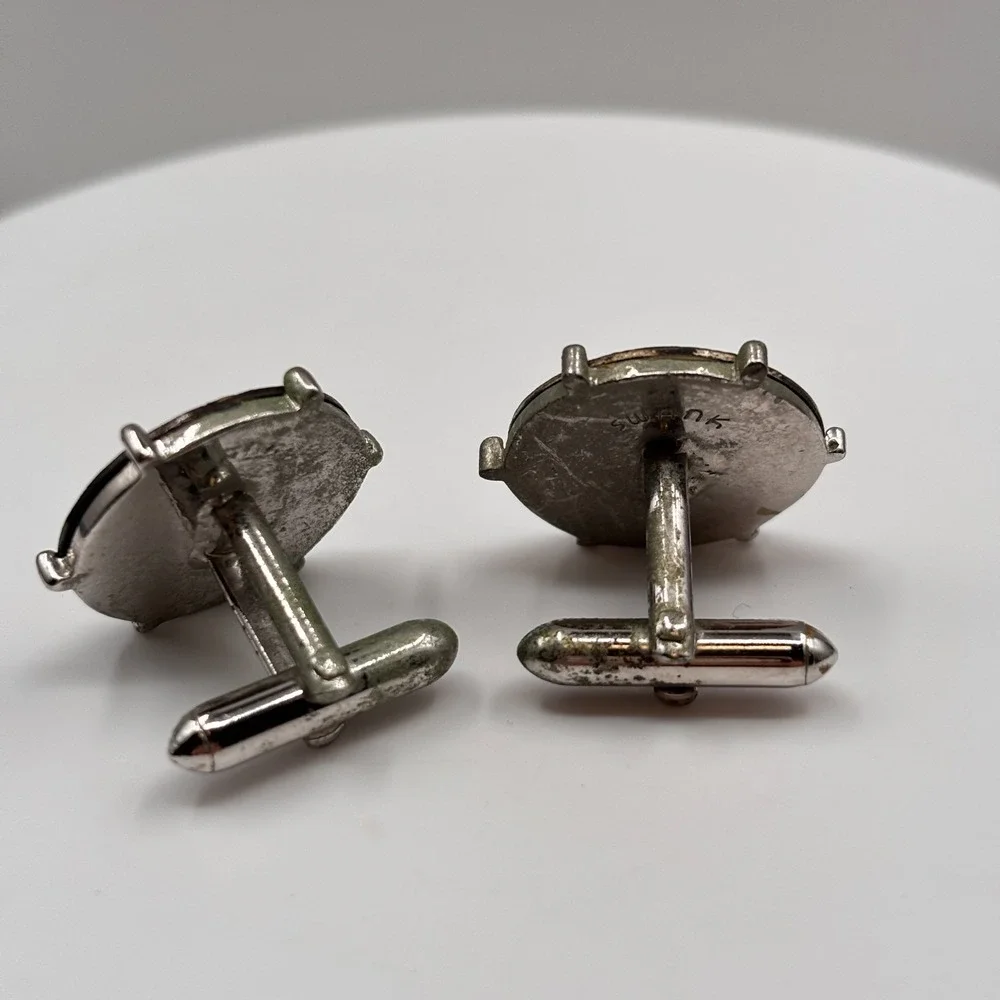 VTG Swank Cufflinks Silver Tone Abstract Leaf Eye Design Mod Mid Century Men's